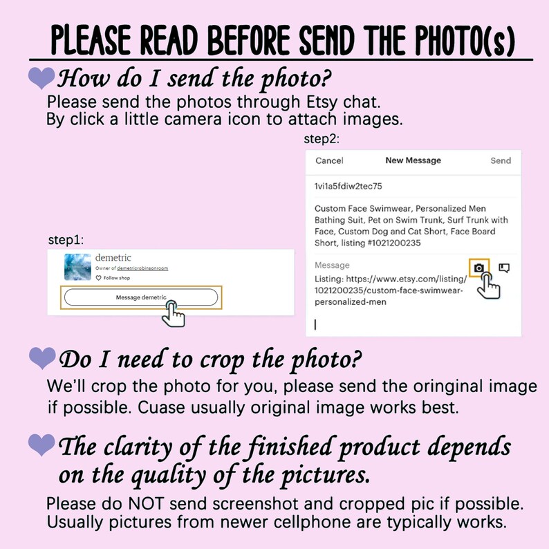 Puede incluir: Un gr&aacute;fico rosa y blanco con un coraz&oacute;n y texto que dice "PLEASE READ BEFORE SEND THE PHOTO(S)". El gr&aacute;fico proporciona instrucciones sobre c&oacute;mo enviar fotos a trav&eacute;s del chat de Etsy. El gr&aacute;fico tambi&eacute;n incluye un cuadro de mensaje con el texto "Custom Face Swimwear, Personalized Men Bathing Suit, Pet on Swim Trunk, Surf Trunk with Face, Custom Dog and Cat Short, Face Board Short, listing #1021200235".