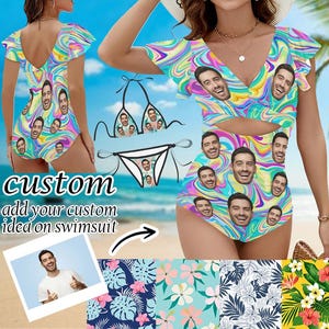 Personalized Face Funny Swimwear,Women&#39;s Ruffle One Piece Swimsuit, Custom Face Hawaiian Swimsuit, Women Beach Bathing Suits Birthday Gift