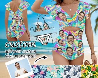 Personalisiertes Gesicht Lustige Bademode, Damen Rüschen Einteiliger Badeanzug, Benutzerdefiniertes Gesicht Hawaiischer Badeanzug, Frauen Strand Badeanzüge Geburtstagsgeschenk