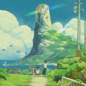 May include: An illustrated landscape depicting a tall, rocky outcrop covered in greenery, a path, and two figures. The sky is blue with fluffy clouds and a rainbow effect. A coastal scene with buildings and vegetation.