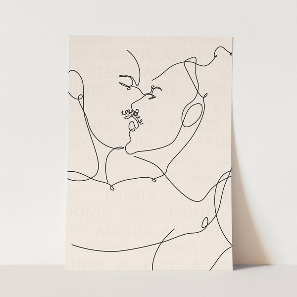 French Kiss | Gay Wall Art, Gay Art Print, Two Guys Kiss, Gay Couple Gifts, Mustache, Minimalist Decor, One Line Drawing, Male Sketch