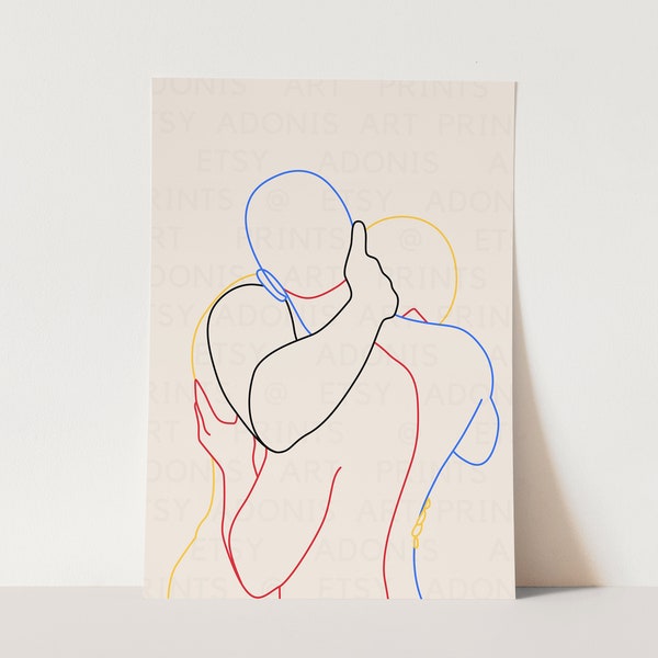 Two Guys Embrace Art Print, Gay Wall Art, LGBT Wall Art, One Line Drawing, Male Figure Sketch, Guys Hugging, Minimalist, Printable Wall Art