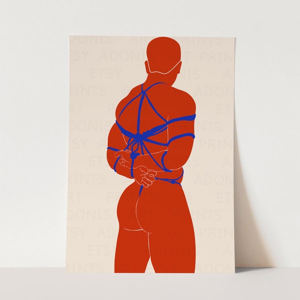 Tied Up Guy Wall Art, Shibari Art Print, BDSM Wall Art, Male Figure Sketch, Abstract Wall Art, Blue Red Beige, Rope Bondage, Printable Art