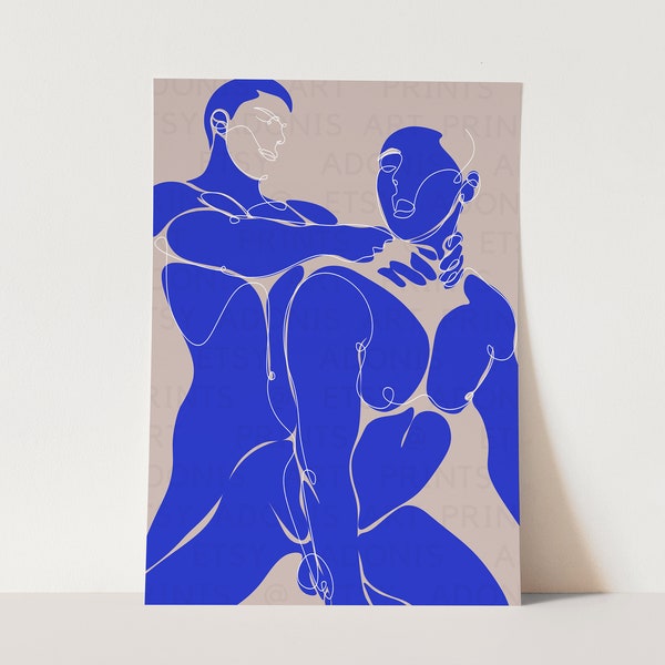 Gay Couple Abstract Art, Erotic Gay Wall Art, Male Art Print, Gay Couple Art, Beige Blue, One Line Drawing, Minimalist Wall Art, Gay Decor