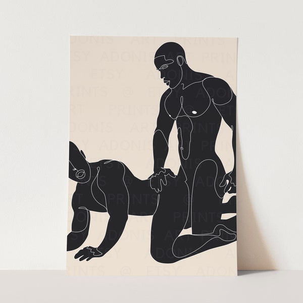 Two Guys Abstract Gay Art Print, Gay Wall Art, Minimalist Line Art, Male Figure Sketch, Beige Black White, Two Males, Gay Home Decor