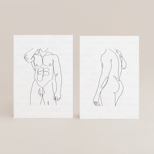 Male Abstract Nude Set of 2 Art Print, Two Piece Naked Man Wall Art, One Line Drawing Sketch, Gay Decor, Gay Wall Art, Minimalist Art