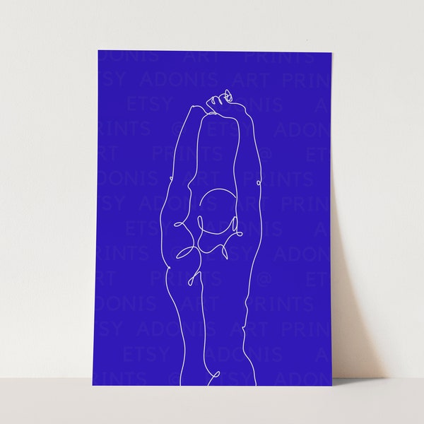 Summer Stretch | Male Nude Abstract, Gay Wall Art, Gay Art Print, Naked Man, One Line Drawing, Blue White, Male Figure Sketch, Minimalist
