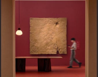 Large handcrafted plaster wall art, Collection “GAIA XL,” in rough beige.
