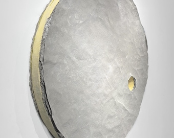 Circular Plaster Wall Sculpture HELIOS | Off-White Round Art Object, Pastel Yellow Accent, Signed