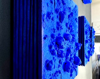 3,5,9 piece wall art. Yves Klein ultramarine blue. Boho plaster wall art "Klein layers” 3x3x2 in.  8x8x2 in. 16x16x2 in.