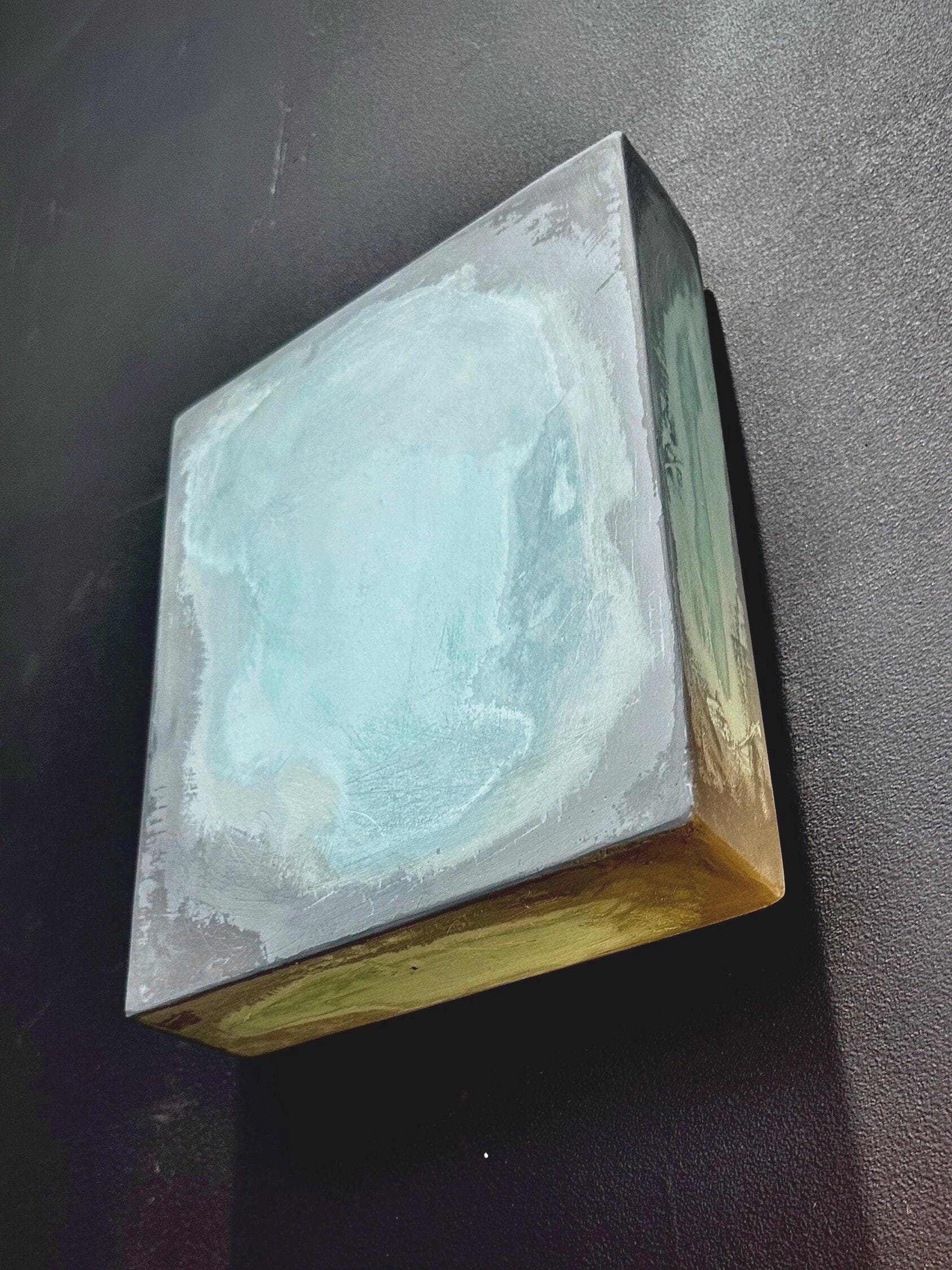 Boho wall decor. Tiny 3D, Japandi style plaster art - INSIDE OUT - 16x12x2, in10x8x2 In. Purple, Golden rose, Turquoise.
