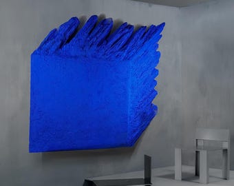 Oversize Plaster Relief Sculpture AND THEN | Ultramarine Blue Textured Wall Art, Signed