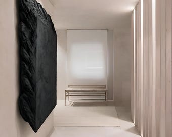 Monumental Black Plaster Relief Sculpture AND THEN | Zero-Reflection Matte Art Object, Large Scale