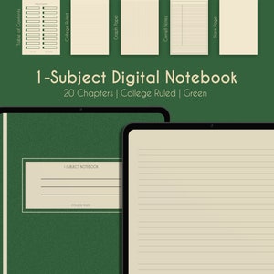 May include: A digital notebook app interface with a green cover and the text "1-Subject Notebook" and "College Ruled". The app is open to a blank page with college ruled lines.