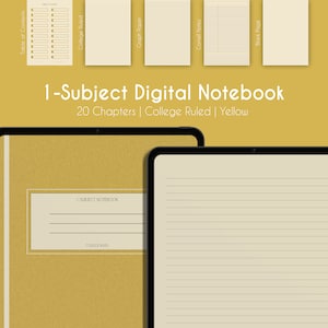 1 科目デジタル ノートブック、目次、黄色の大学罫線ノートブック、簡単な PDF ノート、4 ページ テンプレート、シンプルなノートブック、20 セクション