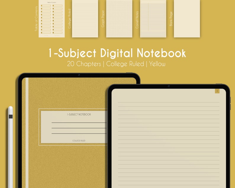 1 Subject Digital Notebook, Table of Contents, Yellow College Ruled ...