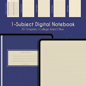 May include: A digital notebook app interface with a blue cover and the text "1-Subject Notebook" and "College Ruled". The app is open to a page with lined paper.