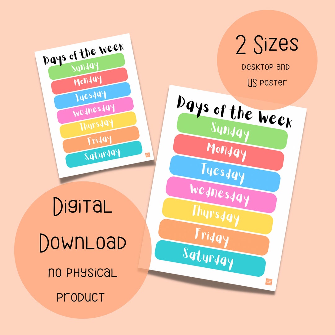 Days of the Week Printable - Preschool/ Kindergarten Poster - Preschool