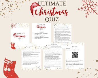 May include: A printable Christmas quiz with four sections: Christmas General Knowledge, Music Round, Christmas Pop-Culture, and Christmas Traditions Around the World-Trivia. The quiz includes a QR code for a Spotify playlist.