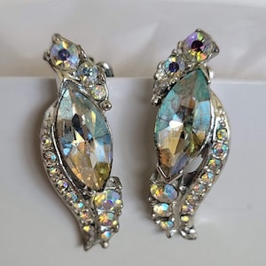 Vintage 1950s Crystal Rhinestone Statement Earrings with Silver Metal, Mid Century Jewelry, Bridal Jewelry, Wedding, Retro, MCM