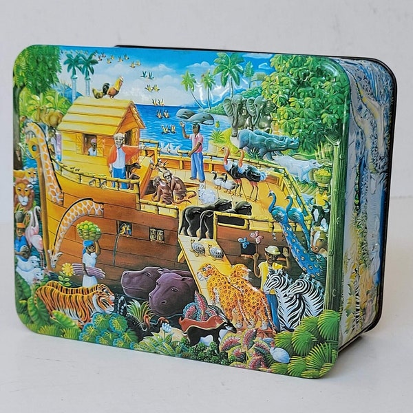 Churhill's The Ark, Noah's Ark Embossed Lunch Box Rectangle Tin With Removable Lid, Made in England, Colourful Collectors Container