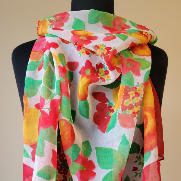 Vintage 1950s Sheer Summer Fruit Medley Scarf/Handkerchief,  Retro Square Neck Scarf