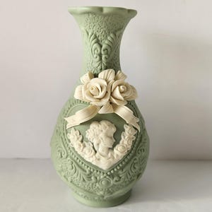 Vintage JTS International Mint Green Porcelain Bud Vase: Cameo Lady Roses
