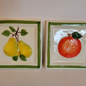 Vintage Set of Fruit Trivets, Orange and Pear, Handpainted Ceramic Trivet