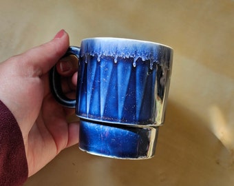 Vintage Cobalt Blue Stackable Coffee Mug, Made in Japan, Blue Drip Glaze Mug, Tea Cup