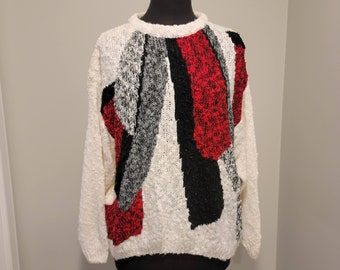 Vintage 1980s Settebello Acrylic Knit Cream, Red, Grey and Black Abstract Pull-Over Sweater