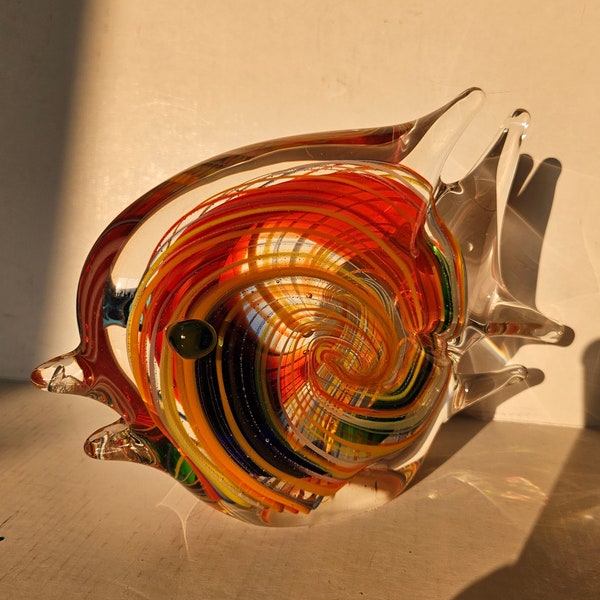 Vintage Murano Multicoloured Striped Glass Art Angel Fish, Handmade, Vivid Colours, Paperweight