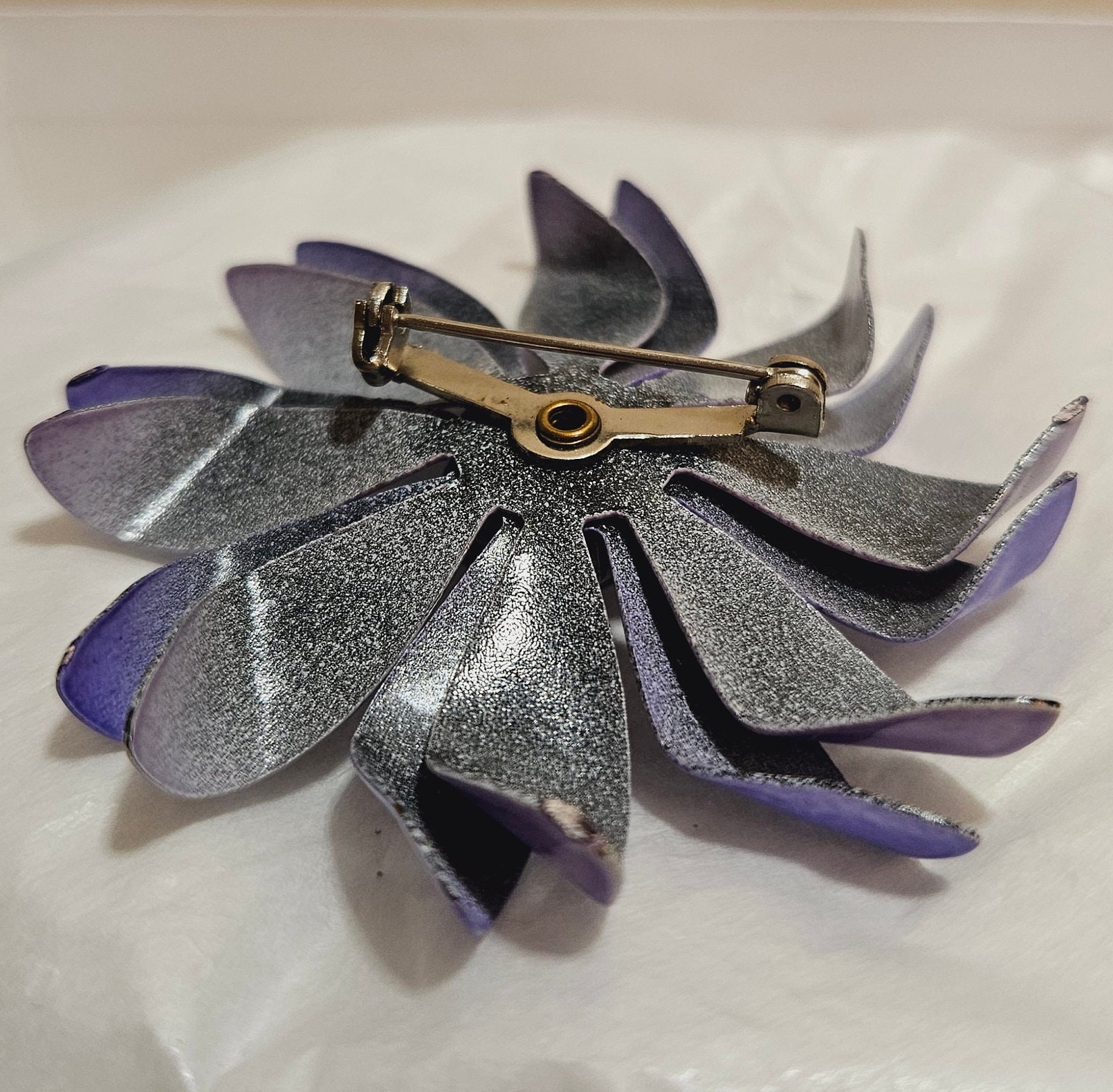Blue Enamel Flower Brooch - Vintage 1960s Two-tone Style, Large