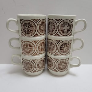 Set of 6 Vintage Biltons Staffordshire Stacking Ironstone Mugs, Made in Staffordshire England, Retro Brown Tree Ring Design