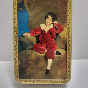 Vintage Wilkin&#39;s Red Boy Toffee Tin, Made in England, World&#39;s Garden Toffery, Collectible Tin