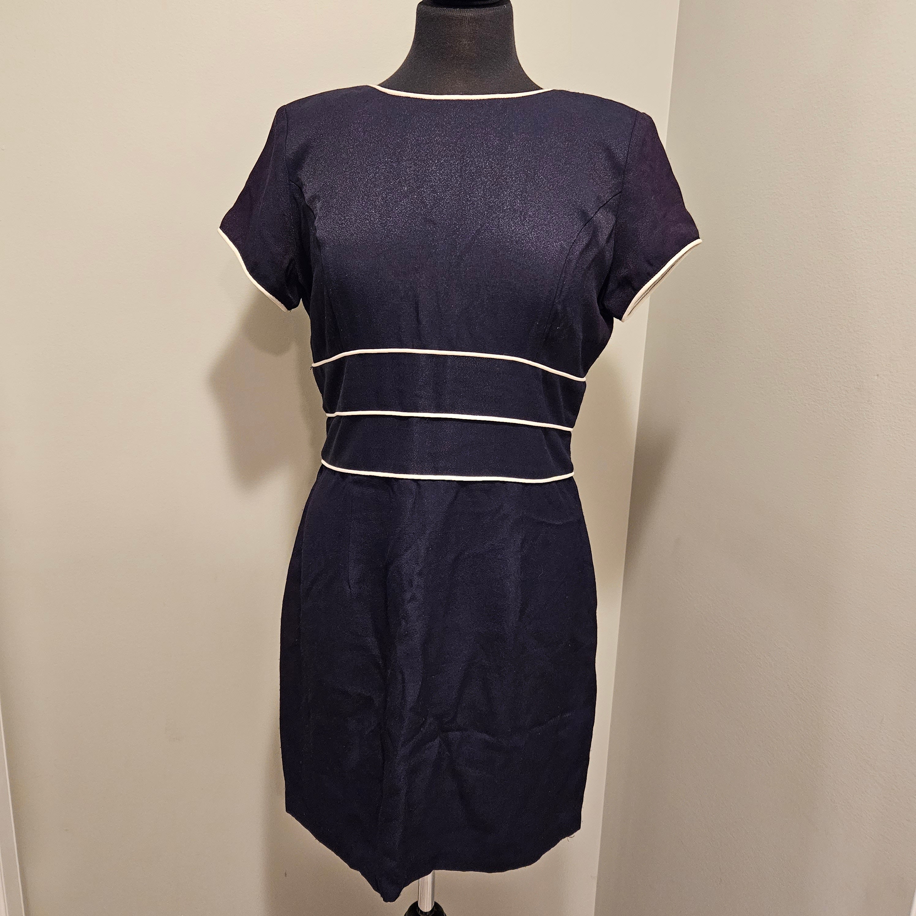 navy blue dress with white piping Collared Navy Blue Mini Dress