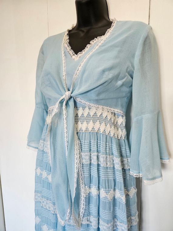 1970s Light Blue and White Lace Maxi Dress with an Angel Sleeve Coverup,  Gunne Sax Style Prarie Dress