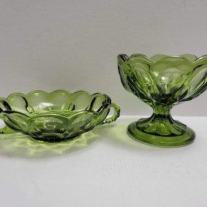Anchor Hocking Avocado Green Fairfield Set of Two, Pedestal Candy Dish and Two-Handled Glass Bowl
