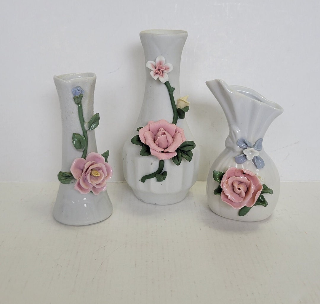 Vintage White Ceramic Bud Vases With Pink Rose and Floral Details, 3 ...