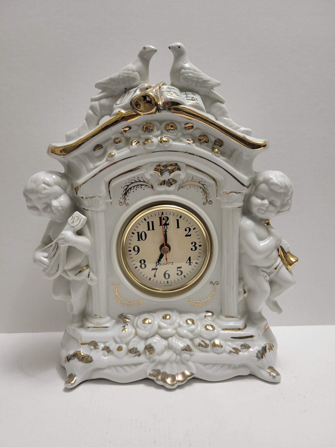 Vintage Ceramic Quartz Mantle Clock With Cherubs on Each Side Etsy