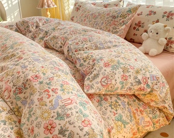 Fairy Floral Garden 100% Cotton Duvet Cover Set, Floral Bedding, Cottagecore Bedding Decor, Twin Full Queen King Duvet Cover, Gift For Her