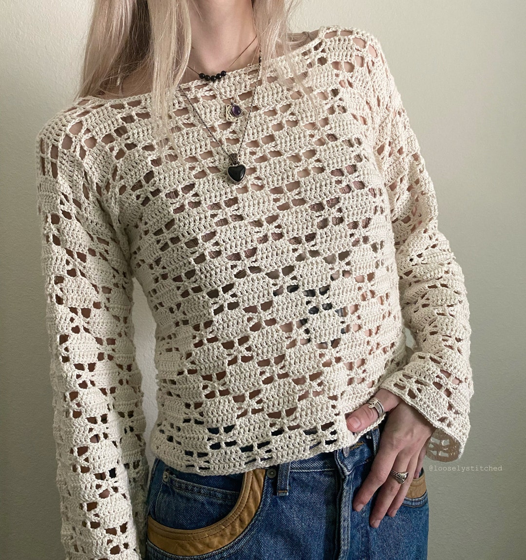 ★★ ★★ crochet sweater T22F1KTO070WT10FB CROCHET Open Mesh BIG T Pullover Sweater, free crochet