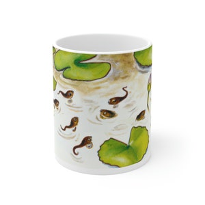 Cute Pond Tadpoles and Lily Pads White Ceramic Mug 11oz, tadpole creations, amphibians, cottagecore aesthetic