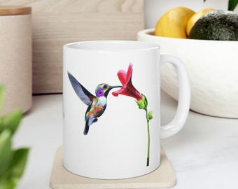 Cute Hummingbird White Ceramic Mug 11oz, mug with hummingbird, bird gifts, hummingbird coffee mug, hummingbird gift, hummingbird lover