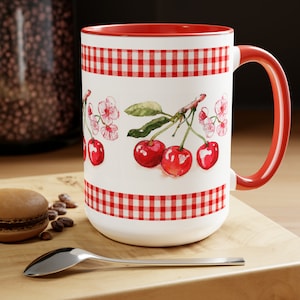 Vintage Watercolor Cherries and Blossoms Two-Toned Ceramic Mug 15oz, cherries mug, country kitchen coffee mug, gift for her, cottagecore mug
