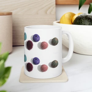 Tiny Sea Urchins White Ceramic Mug 11oz, beach mug, sea urchins shells, pink sea urchin, blue sea urchin, mini sea urchin