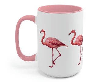 Tropical Pink Flamingo Two-Toned Ceramic Coffee Mug 15oz, mug with flamingo, pink flamingo mug, flamingo lover gift, flamingo coffee cup