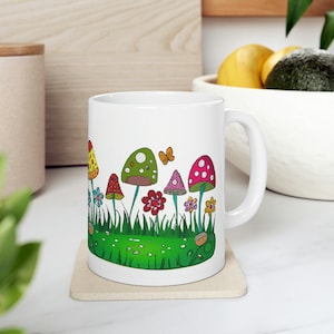 Toadstool Mushrooms and Flowers White Ceramic Mug 11oz, fungi mug, mushroom gift, mug with mushroom, mushroom coffee mug, fungi lover