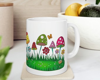 Toadstool Mushrooms and Flowers White Ceramic Mug 11oz, fungi mug, mushroom gift, mug with mushroom, mushroom coffee mug, fungi lover