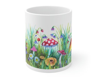Watercolor Toadstool Mushrooms and Flowers White Ceramic Mug 11oz, fungi mug, mug with mushroom, mushroom coffee mug, fungi lover