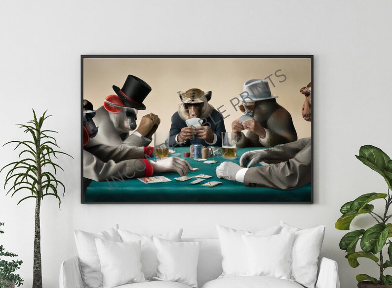 DIGITAL Monkeys Playing Poker, Unique Print, Poster, Fun Canvas, Funny